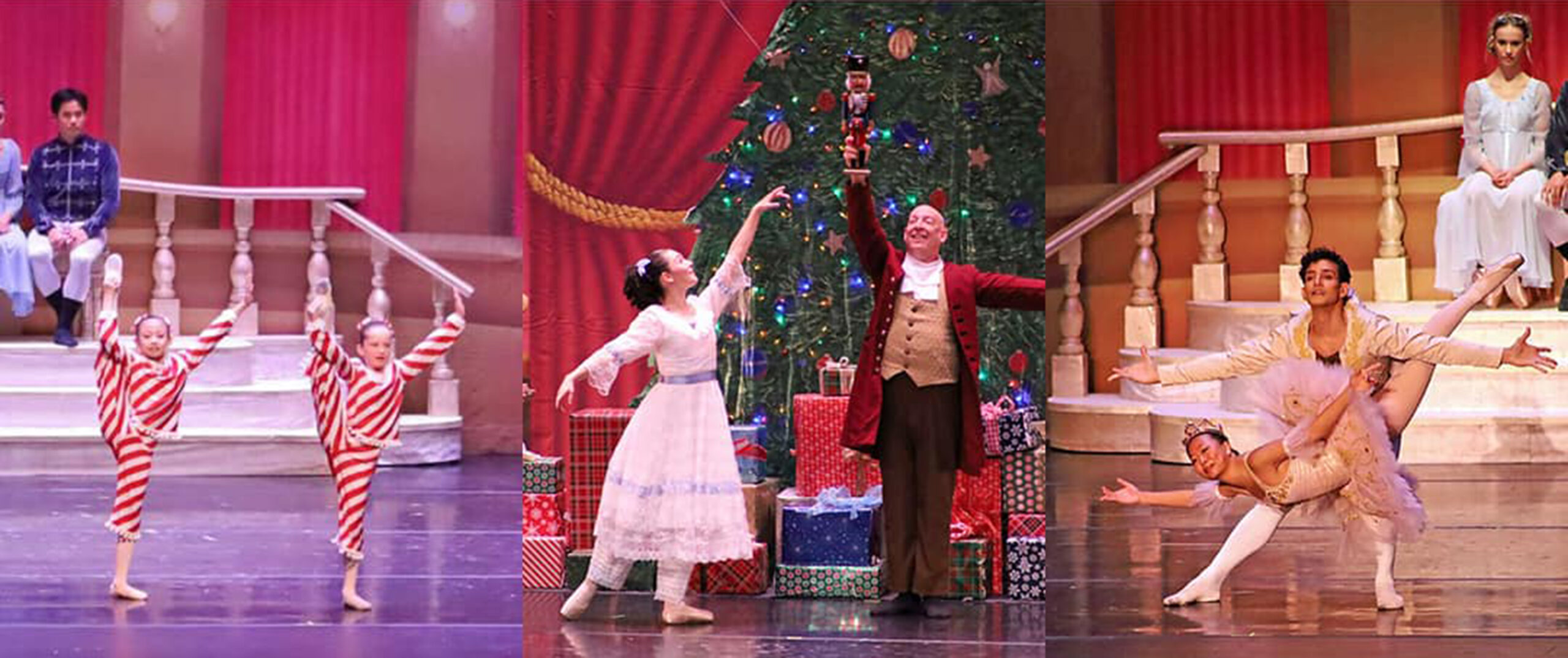 Three images with candy canes, Clara and Drosselmeyer, and the Sugar Plum Fairy from The Nutcracker